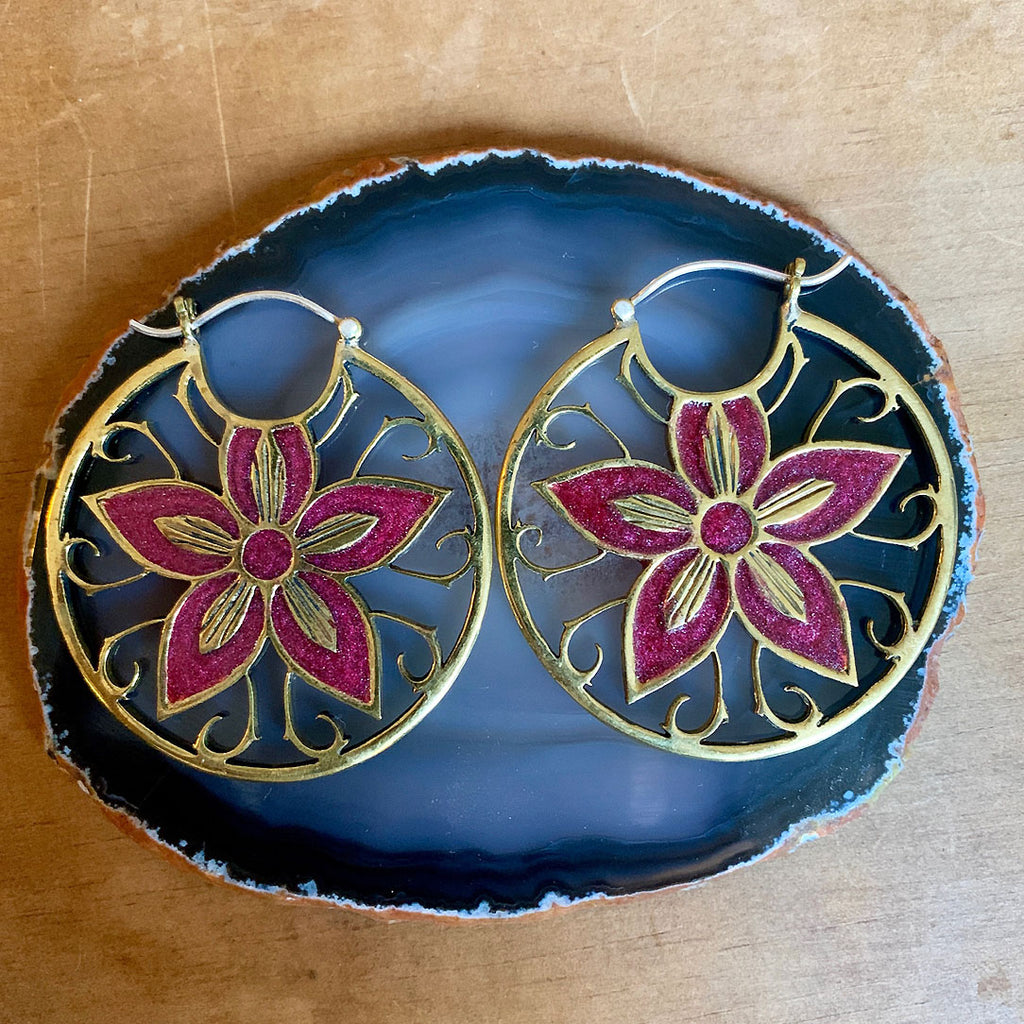 <span>BRES-070<span>: </span></span>Red Lilly Vine Hoops - Silver Post