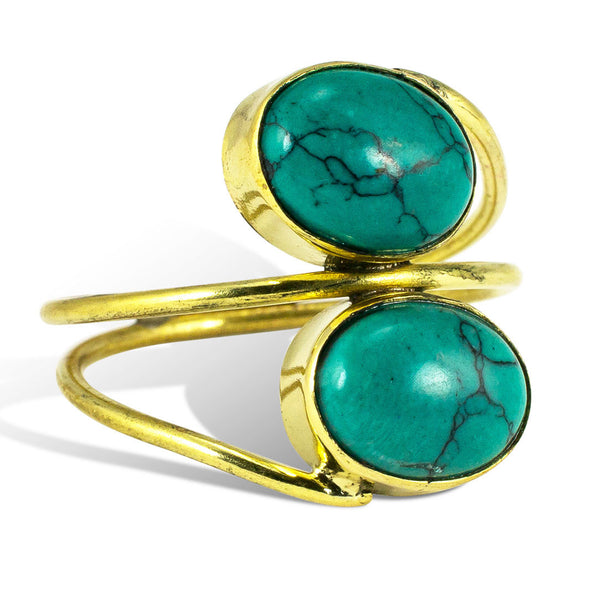 <span>RBR-011<span>: </span></span>Wrapped Double Turquoise Ring - Brass